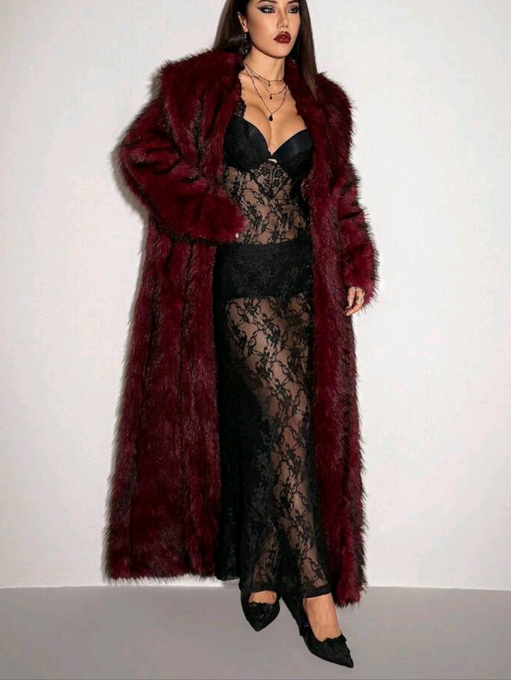 Y2k Women'sBurgundy Gothic Party Fashionable Long Faux Fur - Picture 6 of 7